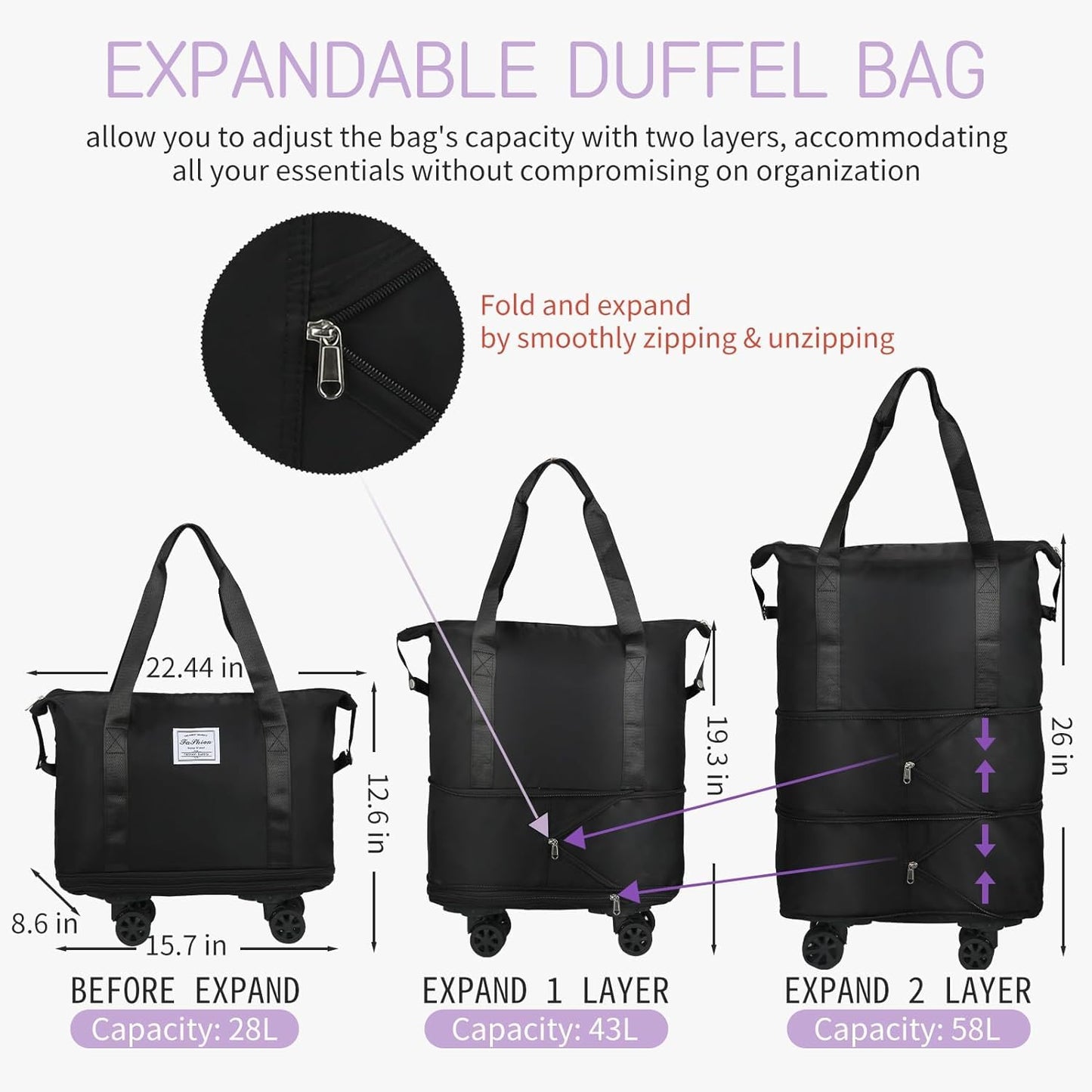 Rolling duffle folding bag with wheels